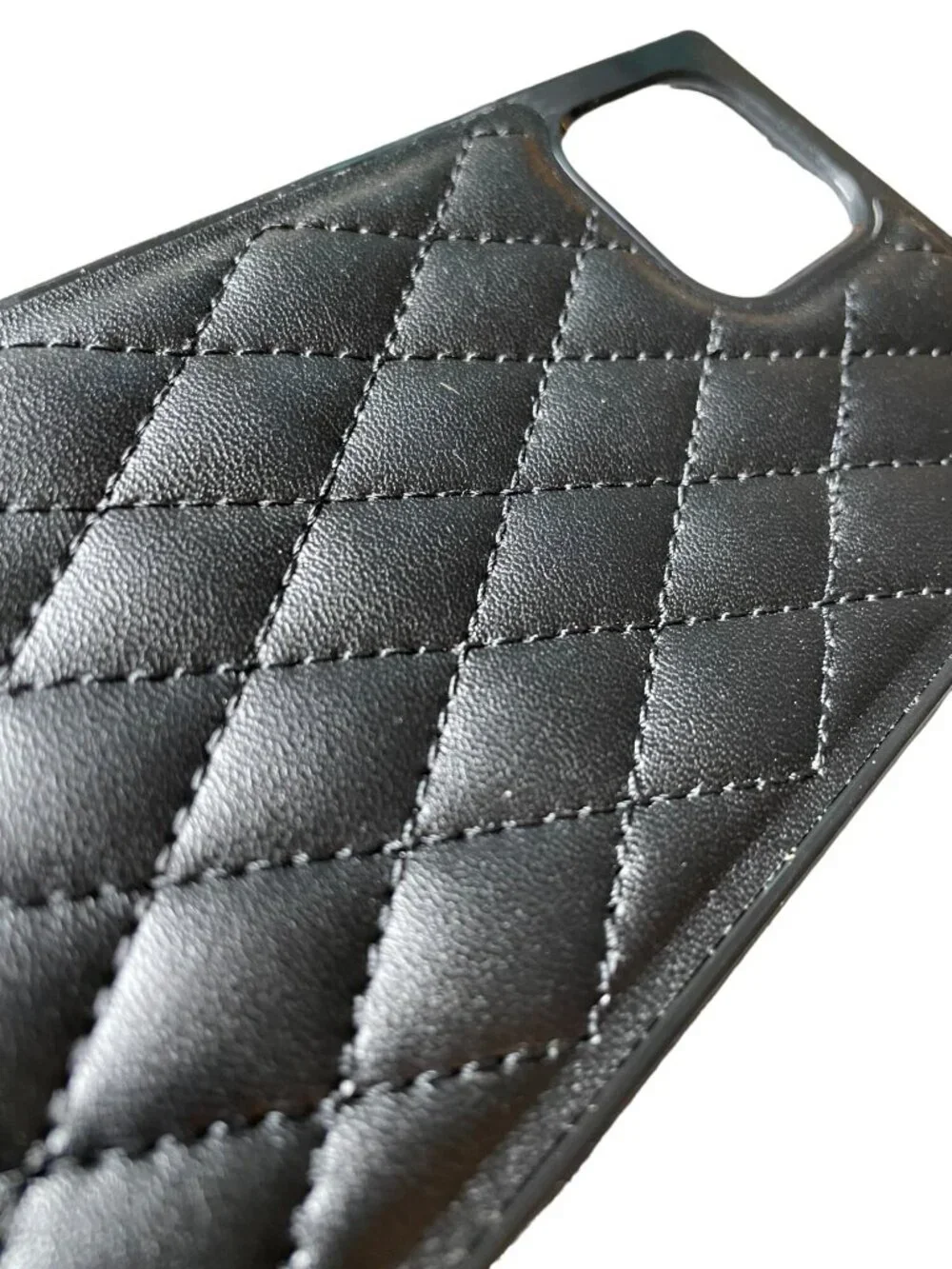 Black Quilted Leather‑Style Phone Case – Diamond Stitch Pattern, Camera Cutout